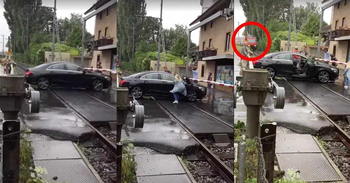Schweiz: Auto eingeklemmt zwischen Schranken, Passanten flippen aus und der Zug rollt an!