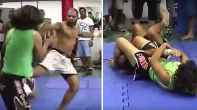 Frau kämpft gegen Mann im Jiu-Jitsu ohne Handschuhe
