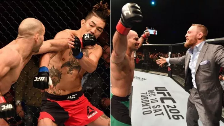 Conor McGregor freut sich mit seinem Trainingspartner Artem Lobov nach dessen Sieg gegen Teruto Ishihara