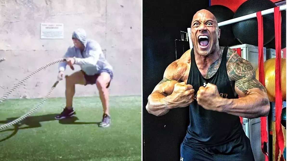 The Rock zeigt seine Kampfmaschinen-Routine an der "Battle Rope"