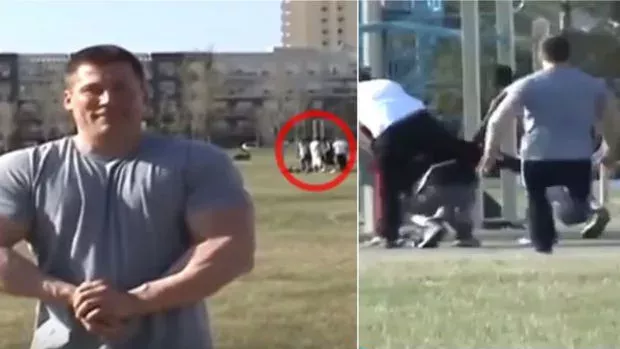 Ein Bodybuilder rettet einen Mann, der von einer Gang zusammengeschlagen wird