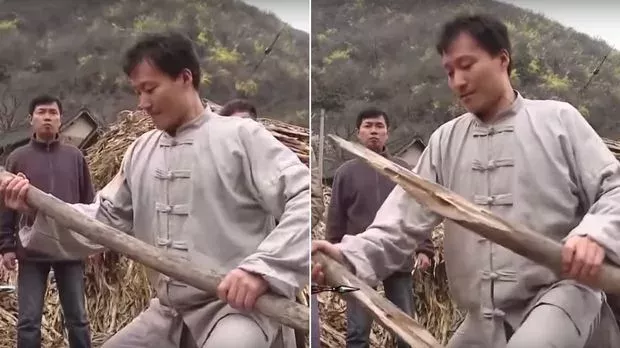 Dieser Kampfkunst-Meister zersplittert einen dicken Holzbalken mit bloßen Händen