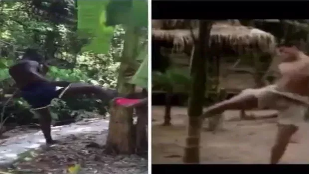 Patrice Quarteron tritt gegen einen Bananenbaum wie Jean-Claude Van Damme im "Karate Tiger 3 - Der Kickboxer"