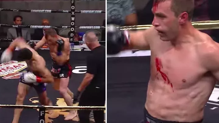 Muay Thai: Gaston Bolanos gibt seinem Gegner einen Ellenbogenstoß, der ihn so richtig aus der Bahn wirft
