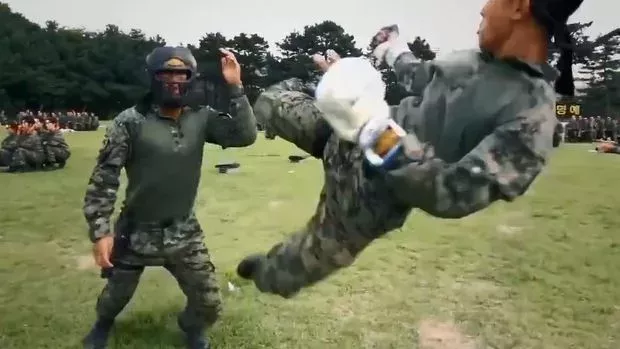 Asiatische Soldaten stellen ihre Kraft und Kampfkunst unter Beweis