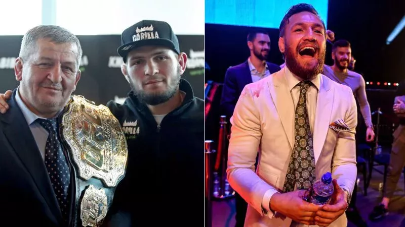 links: Khabib Nurmagomedov mit seinem Vater, rechts: Conor McGregor
