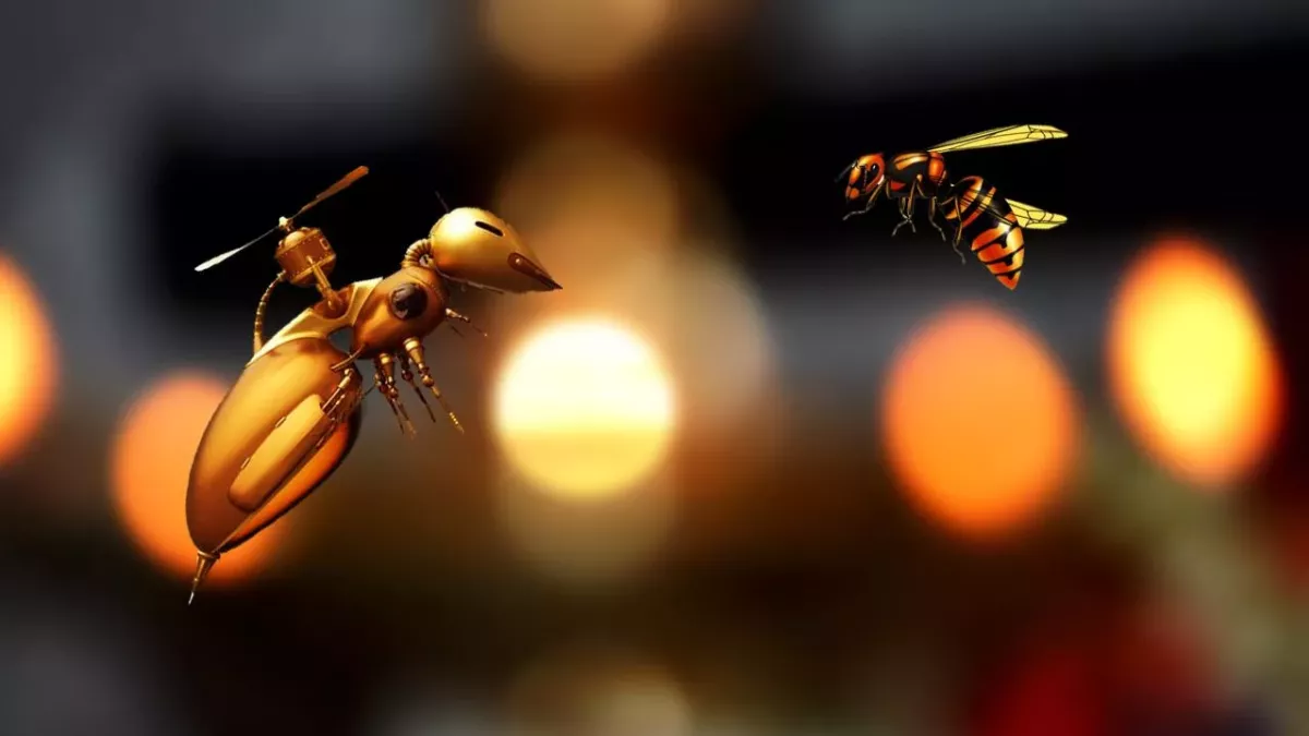 Eine echte Biene fliegt mit einer Roboter-Biene