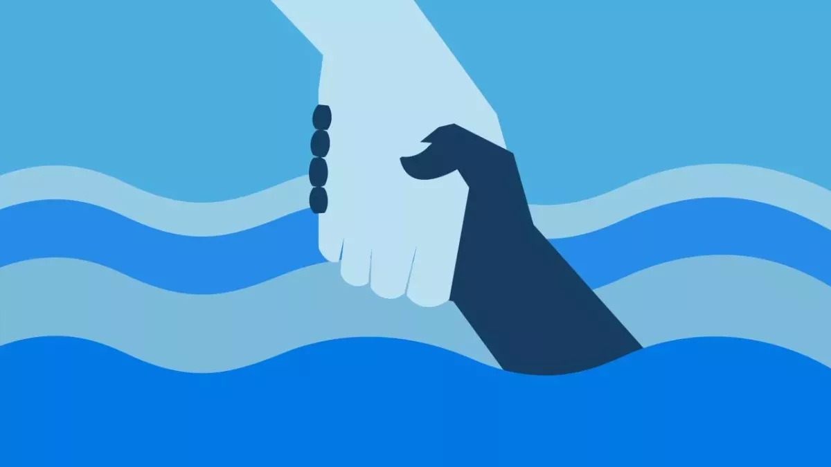 Illustration zweier Hände, die über dem Meeresspiegel ineinandergreifen 