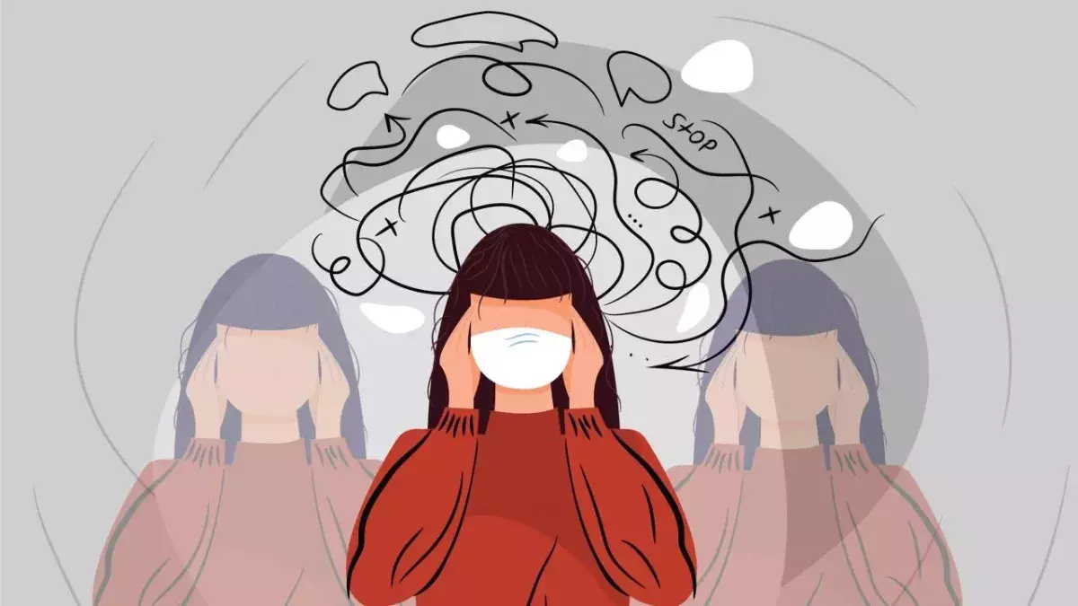 Illustration einer Frau mit Corona-Maske, die sich die Hände an den Kopf hält