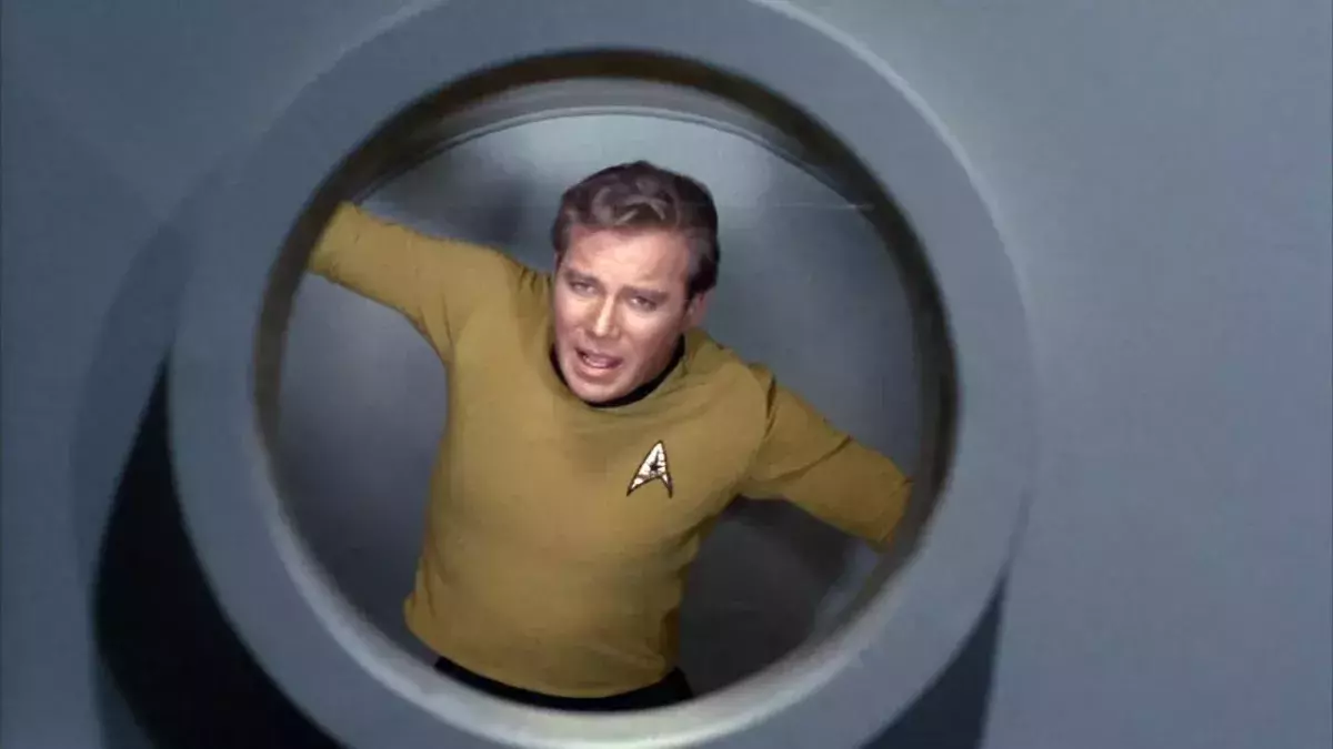 William Shatner as Captain James T. Kirk in the pressure chamber on the USS Enterprise on the Star Trek: The Original Series episode "Space Seed." Original air date February 16, 1967