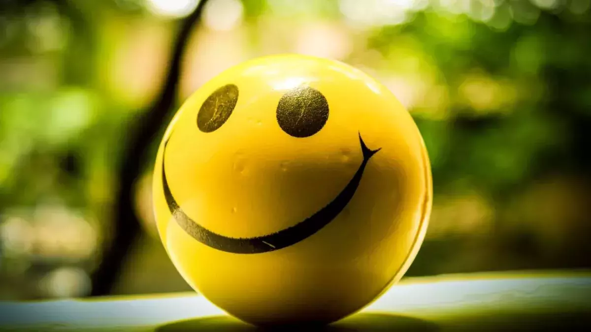 Ein gelber Ball mit Smiley-Gesicht vor grünem Hintergrund 