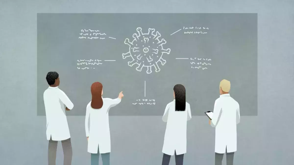 Illustration von Wissenschaftlern vor Tafel mit Covid-19 Zeichnung