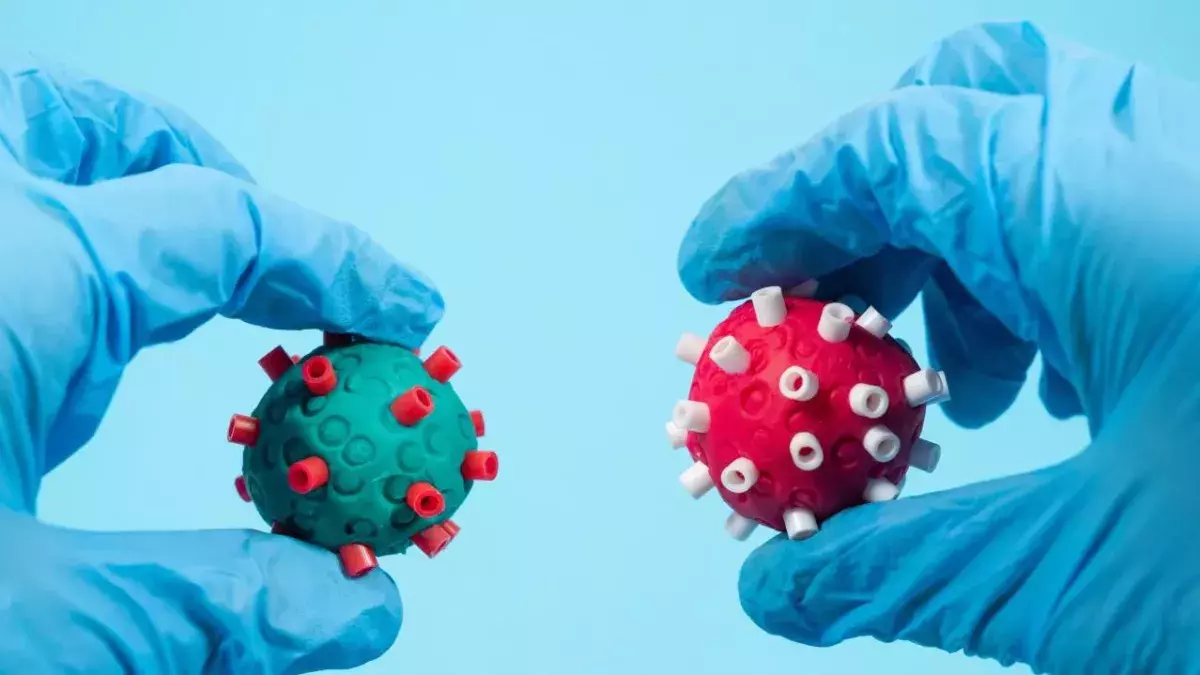 Scientists with surgical gloves holds two different Coronavirus of different color in the hand
