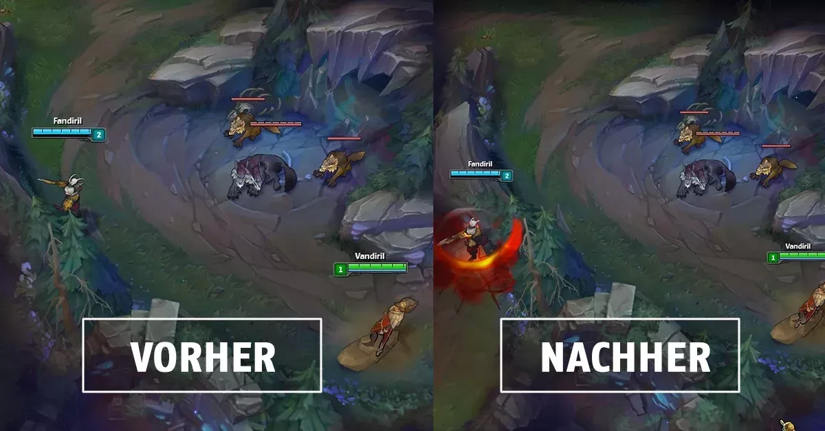 League of Legends: Riven kann sich per Q locker zwischen den Mauern bewegen