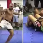Frau kämpft gegen Mann im Jiu-Jitsu ohne Handschuhe