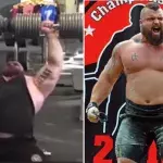 Der Strongman Eddie Hall hebt zwei 100 kg schwere Hanteln
