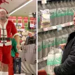 Der Berg macht den Kunden eines Geschäftes Angst, indem er sich als Weihnachtsmann verkleidet