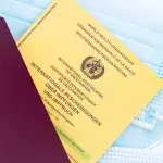 Ein deutscher Reisepass und eine  deutsche Impfbescheinigung liegen auf einem Mund-Nasen-Schutz