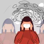 Illustration einer Frau mit Corona-Maske, die sich die Hände an den Kopf hält