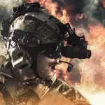 Soldat und Terrorguerilla mit Feuerhintergrund