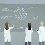 Illustration von Wissenschaftlern vor Tafel mit Covid-19 Zeichnung