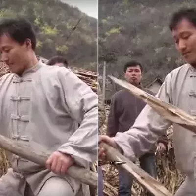 Dieser Kampfkunst-Meister zersplittert einen dicken Holzbalken mit bloßen Händen