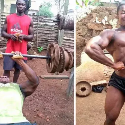 Kulbila Samson, ein Bodybuilder aus Ghana, kommt mit Behelfsmaterial zu beeindruckenden Ergebnissen