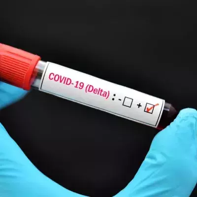 Eine Hand in Gummihandschuh hält eine positive Blutprobe mit Delta-Variante von COVID-19 