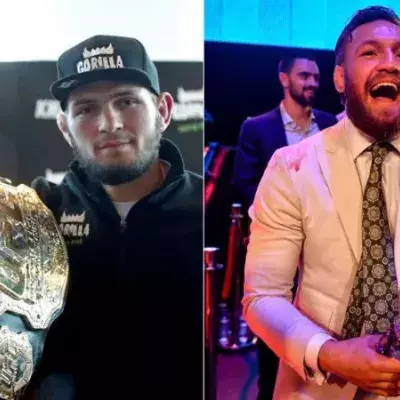 links: Khabib Nurmagomedov mit seinem Vater, rechts: Conor McGregor