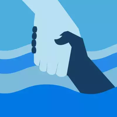 Illustration zweier Hände, die über dem Meeresspiegel ineinandergreifen 