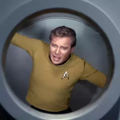 William Shatner as Captain James T. Kirk in the pressure chamber on the USS Enterprise on the Star Trek: The Original Series episode "Space Seed." Original air date February 16, 1967