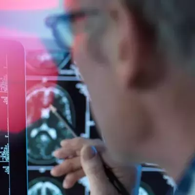 Doctor viewing brain scans for possible disease or damage in clinic 