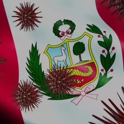 Eine grafische Darstellung des Coronavirus mit peruanischer Flagge im Hintergrund