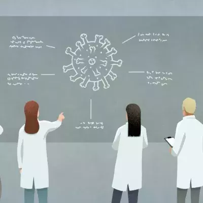 Illustration von Wissenschaftlern vor Tafel mit Covid-19 Zeichnung