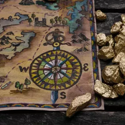 Treasure map and shovel full of gold nuggets ore on wooden table