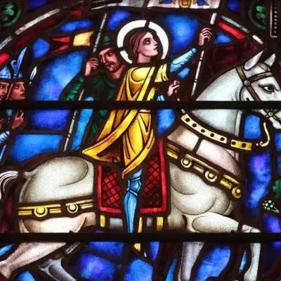 Jeanne d'Arc auf einem Pferd. Glasmalereifenster. St. Bartholomäus-Bischofskirche. New York. Usa. Nordamerika. USA (Symbolbild)