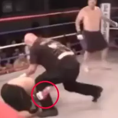 Kämpfer grappelt mit dem Kampfrichter