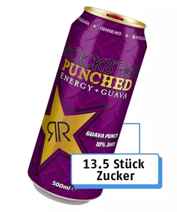 1.Rockstar Punched Energy   Guava Tropical: 13,5 Stück Zucker