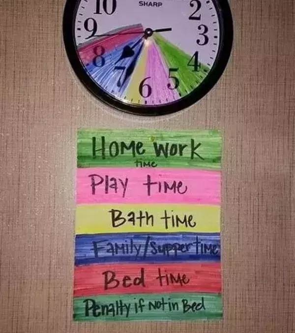Geniale Eltern-Tricks: Markiere den Alltag deines Kindes auf einer Uhr mit Farben. Auf diese Weise lernt dein Kind, sich die Zeit einzuteilen
