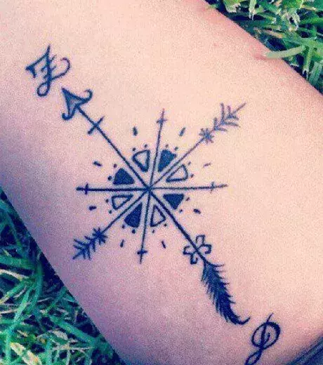 Pfeil Tattoo auf dem Unterarm, dass die Nadel von einem Kompass repräsentiert