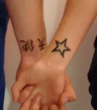 Tattoos für Frauen: Stern und chinesische Zeichen als Tattoo auf dem Unterarm von 2 Frauen