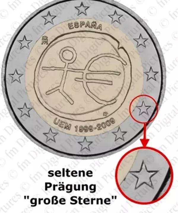 Die spanische Jubiläumsmünze (2 Euro): Diese Münze erschien zum 10-jährigen Euro-Jubiläum und ist für seine ungewöhnlich großen Sterne bekannt. Von insgesamt 8 Millionen Münzen haben nur 70 bis 100.000 diesen Fehler.