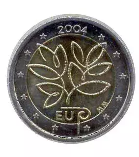 Zwei-Euro-Münze aus Finnland: 2004 zur EU-Erweiterung hergestellt, heute ist die Münze knapp 60 Euro wert. Nicht immens selten, immerhin sind 1 Million Exemplare im Umlauf.