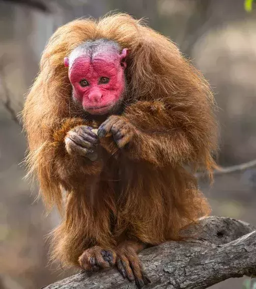 Der Uakari ist ein amerikanischer Kurzschwanzaffe, der anhand seines haarlosen, hochroten Kopfes leicht zu erkennen ist.